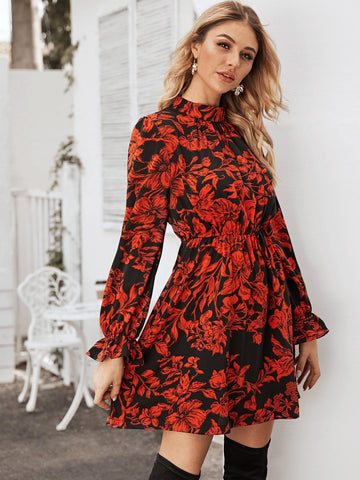 Floral Print Flounce Sleeve Dress