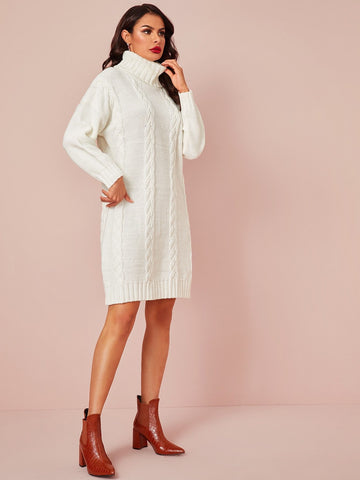 Cable Knit Turtleneck Jumper Dress Without Belt