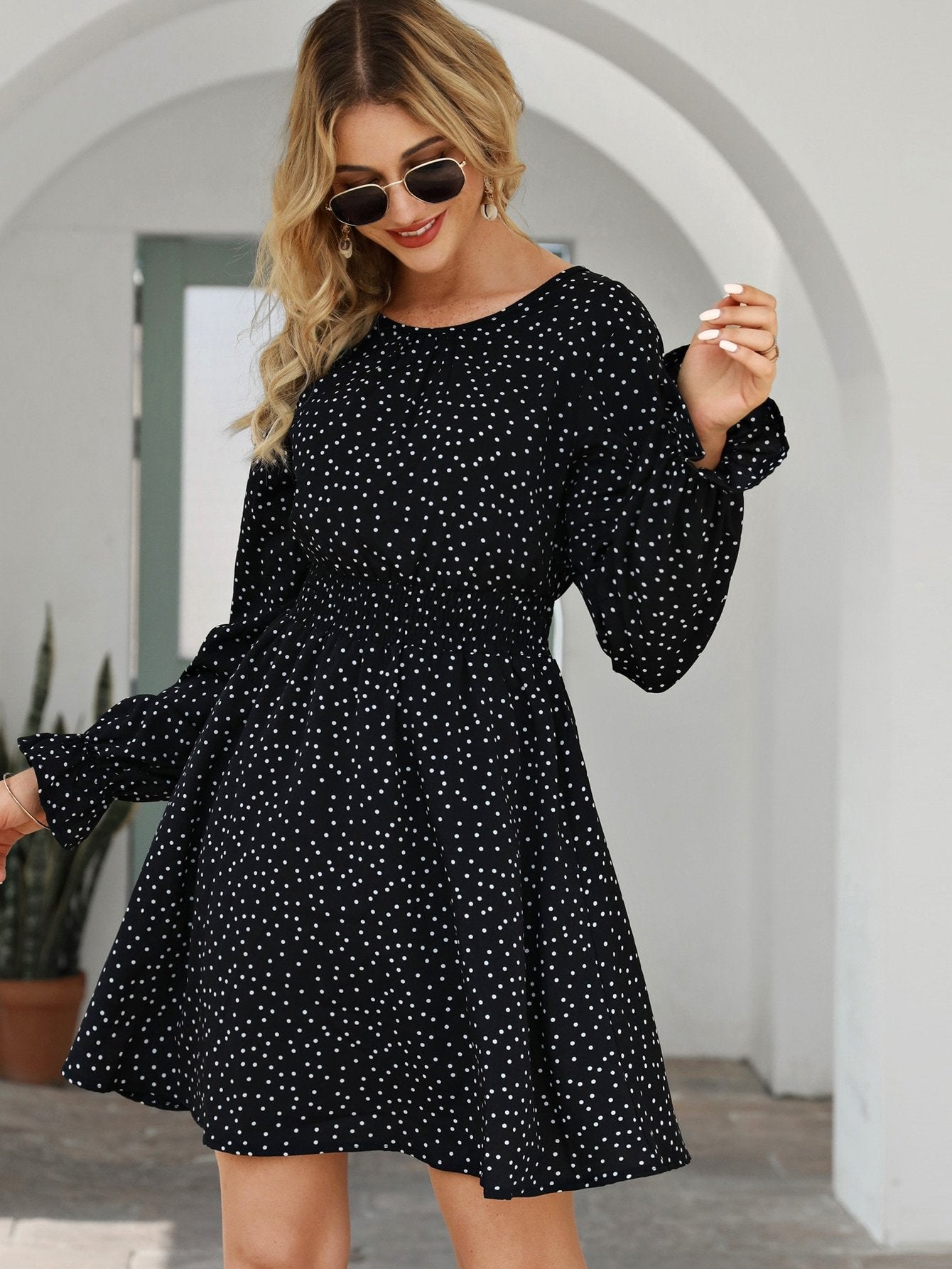 Allover Polka Dot Flounce Sleeve A-line Dress