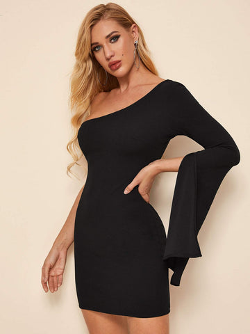 Solid One Shoulder Split Sleeve Bodycon Dress