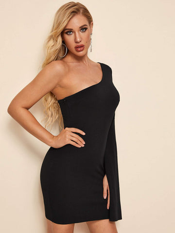 Solid One Shoulder Split Sleeve Bodycon Dress