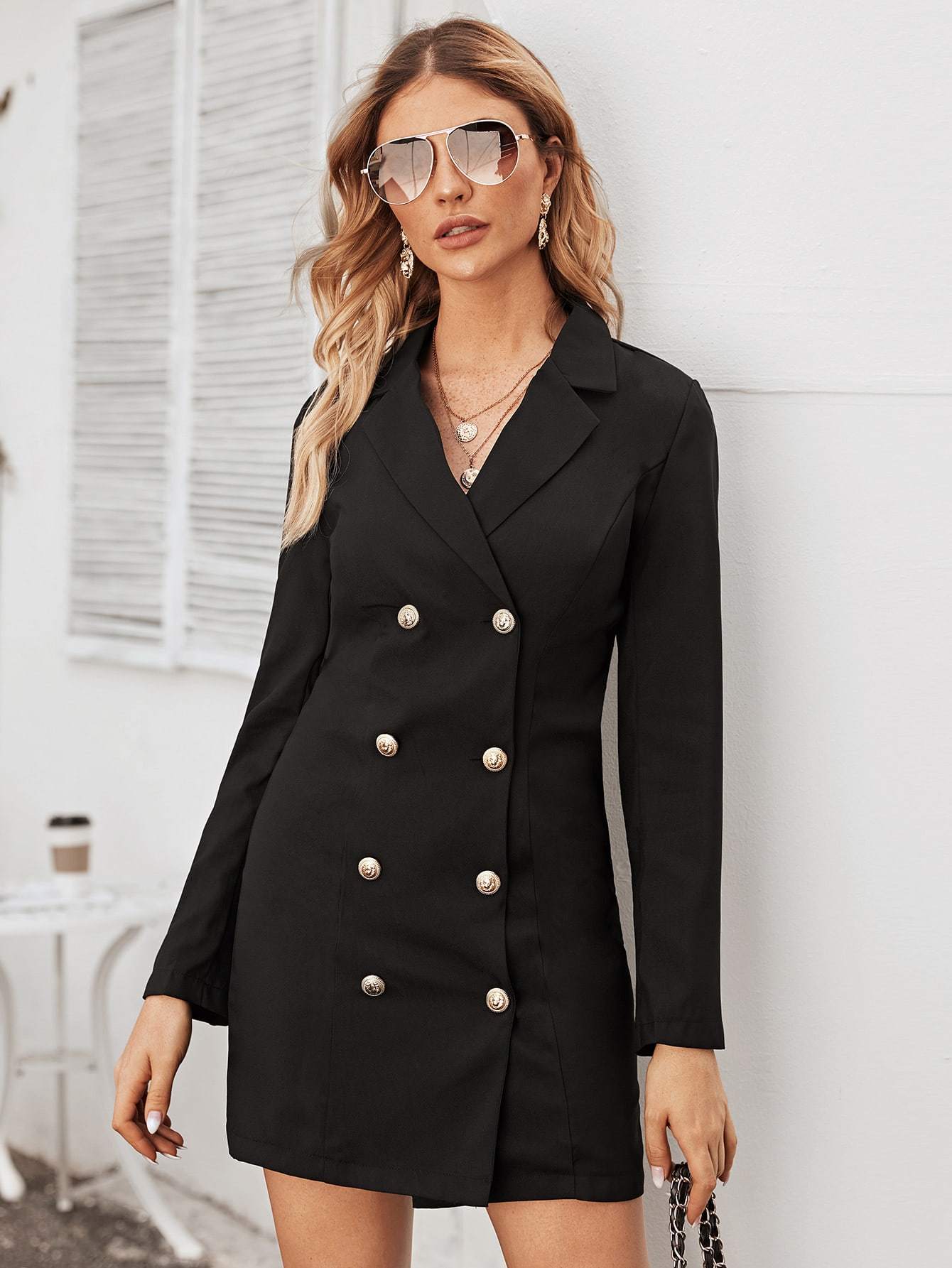 Solid Double Breasted Blazer Dress