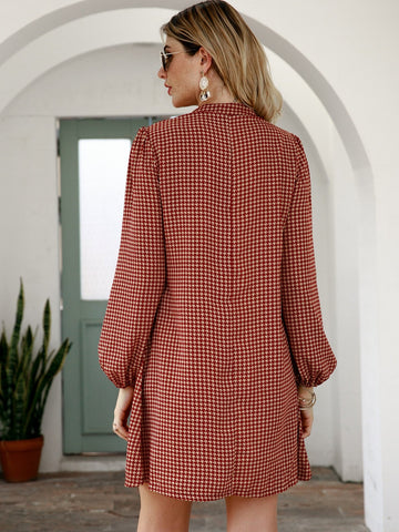 Notched Houndstooth Puff Sleeve Dress