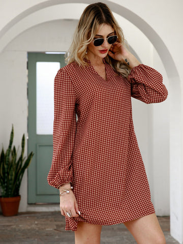 Notched Houndstooth Puff Sleeve Dress