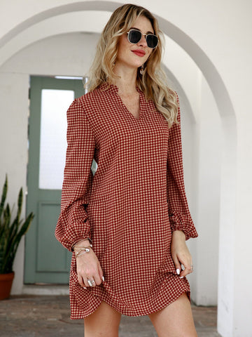 Notched Houndstooth Puff Sleeve Dress