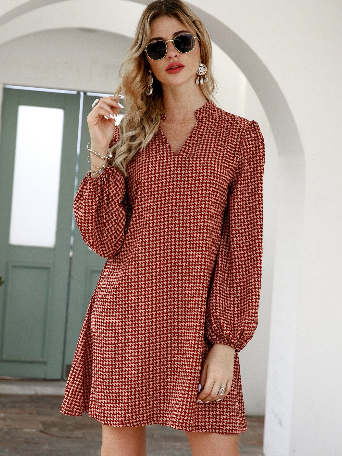 Notched Houndstooth Puff Sleeve Dress