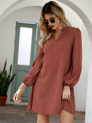 Notched Houndstooth Puff Sleeve Dress