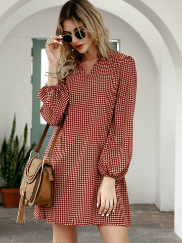 Notched Houndstooth Puff Sleeve Dress