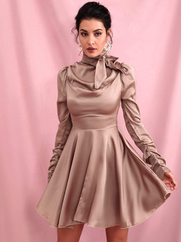 LOVE&LEMONADE Tie Neck Satin A-line Dress