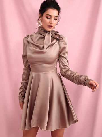LOVE&LEMONADE Tie Neck Satin A-line Dress