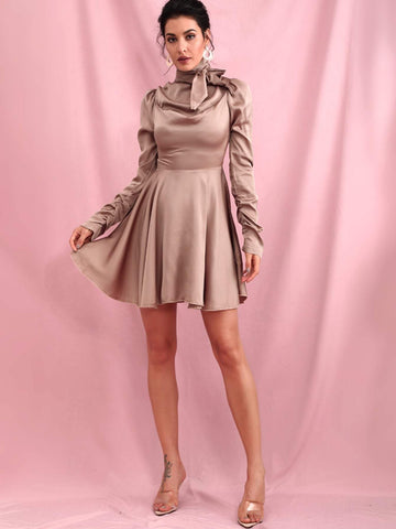 LOVE&LEMONADE Tie Neck Satin A-line Dress