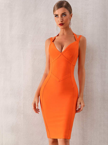 Adyce Neon Orange Zip Back Midi Bandage Dress