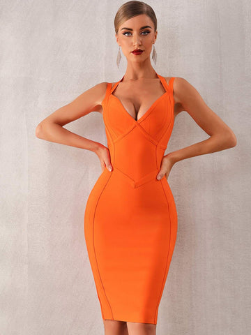 Adyce Neon Orange Zip Back Midi Bandage Dress