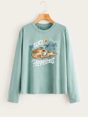 Letter & Cartoon Graphic Long Sleeve Tee