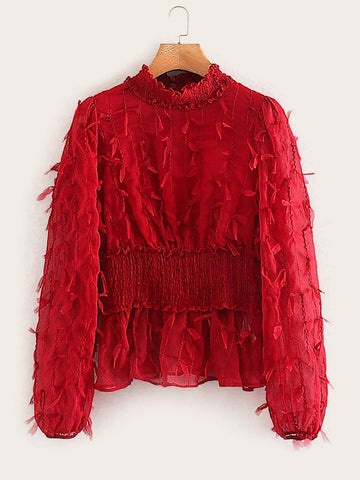 Keyhole Back Frill Shirred Peplum Top