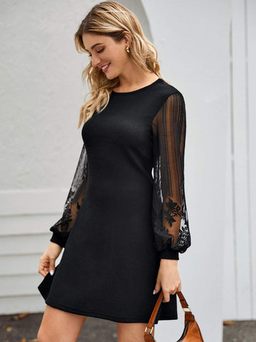 Contrast Lace Sleeve Ribbed Jumper Dress