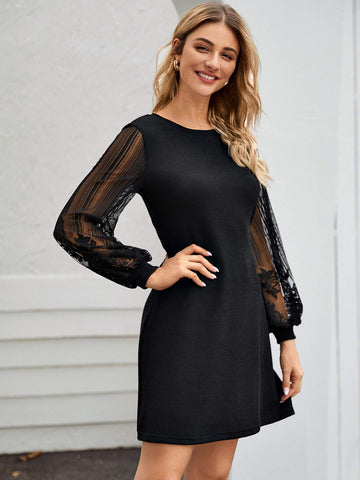 Contrast Lace Sleeve Ribbed Jumper Dress