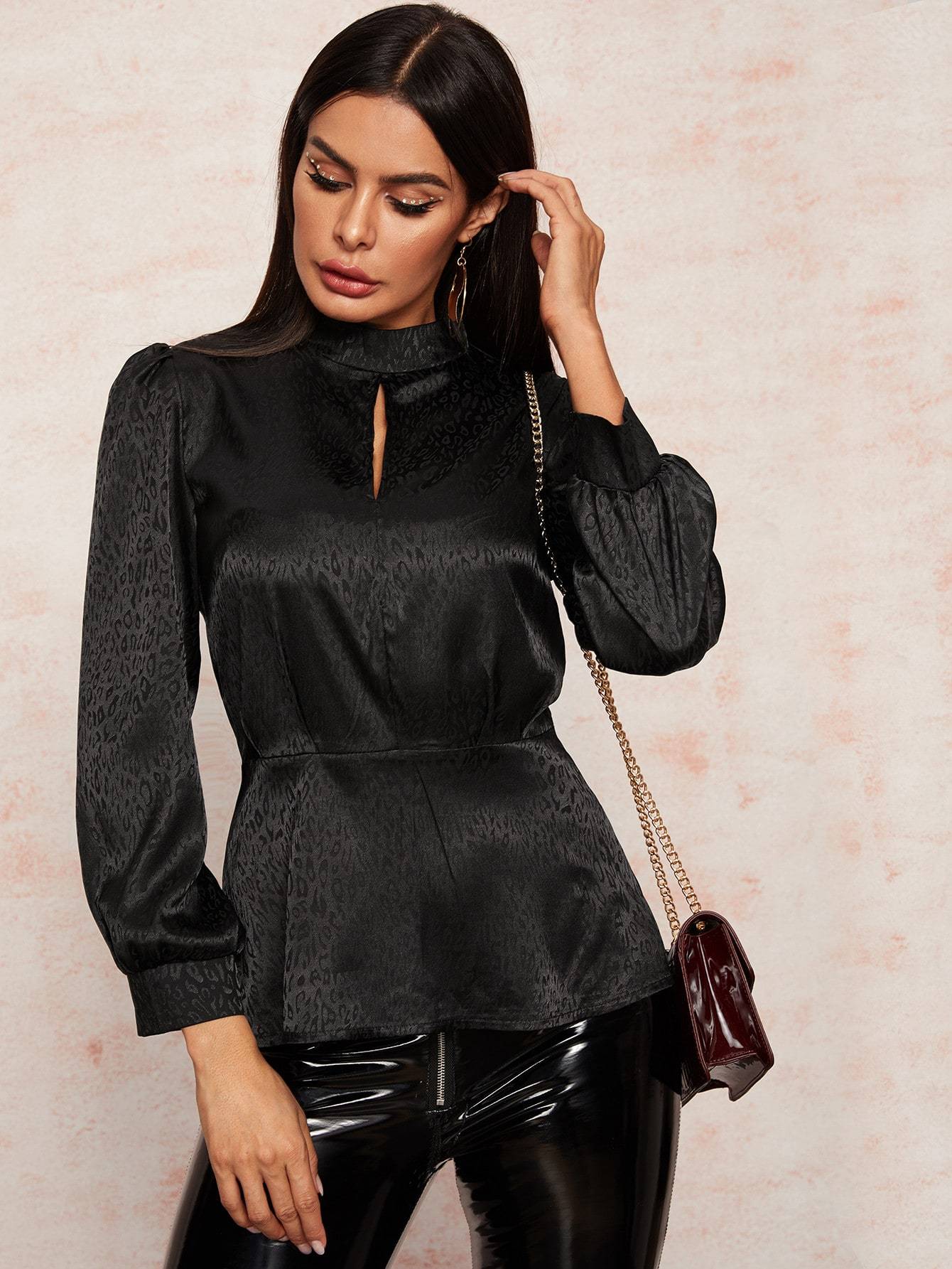 Keyhole Neckline Leopard Print Peplum Blouse