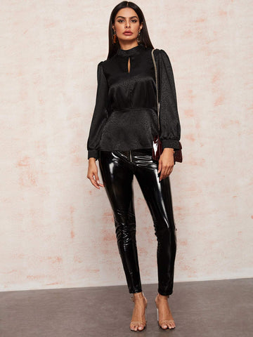 Keyhole Neckline Leopard Print Peplum Blouse
