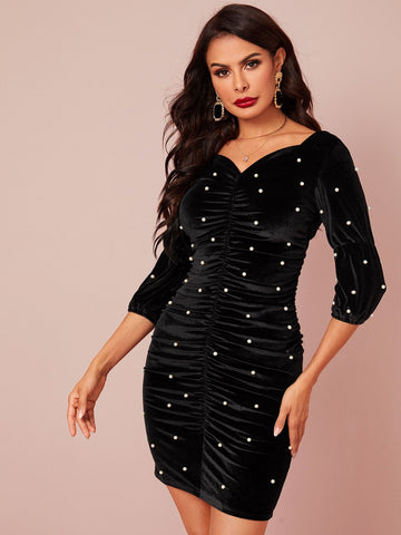 Pearls Velvet Ruched Fitted Dress