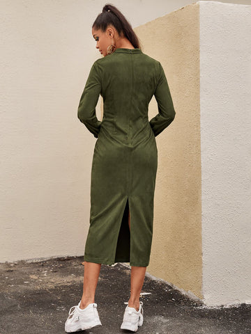 Mock Neck Split Back Suede Fitted Dress