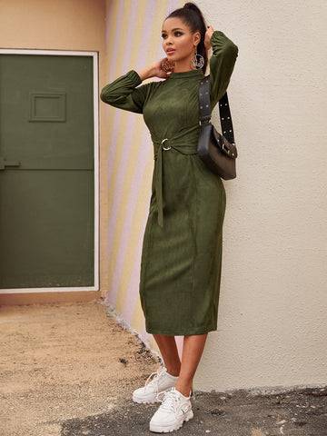 Mock Neck Split Back Suede Fitted Dress