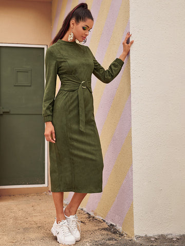 Mock Neck Split Back Suede Fitted Dress