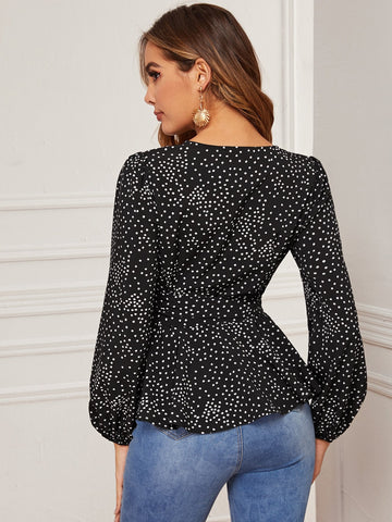 Polka Dot Print Belted Wrap Blouse