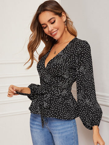 Polka Dot Print Belted Wrap Blouse