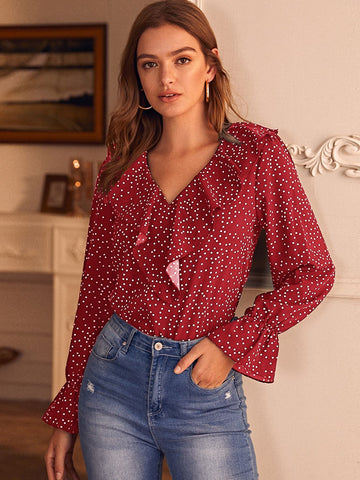 Allover Polka Dot Ruffle Blouse