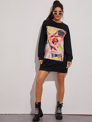 Figure Graphic Raglan Sleeve Sweatshirt Dress