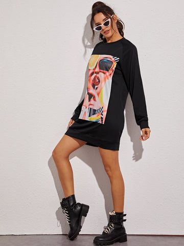 Figure Graphic Raglan Sleeve Sweatshirt Dress