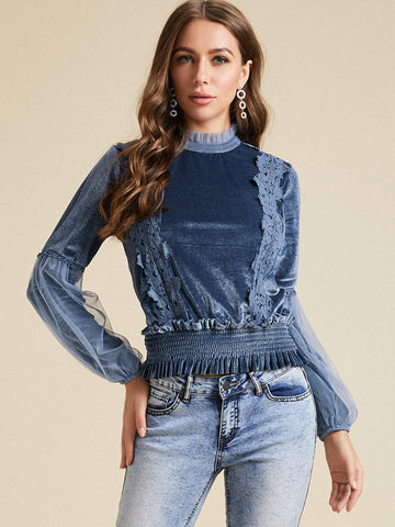SBetro Frill Trim Shirred Waist Lace Detail Velvet Blouse