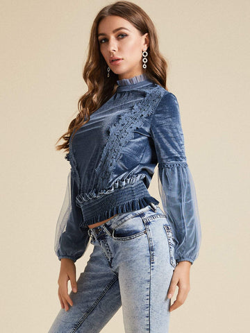 SBetro Frill Trim Shirred Waist Lace Detail Velvet Blouse