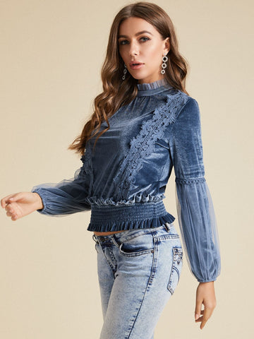 SBetro Frill Trim Shirred Waist Lace Detail Velvet Blouse