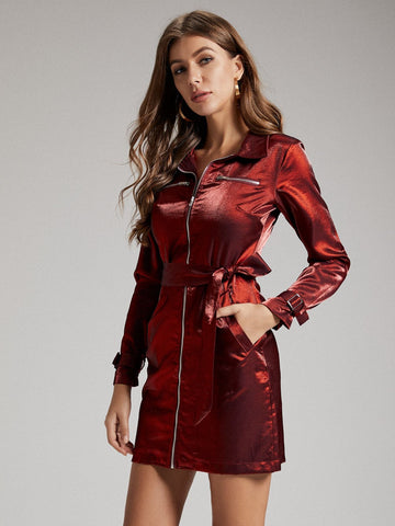 SBetro Zip Up Silky Dress With Belt