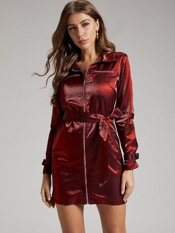 SBetro Zip Up Silky Dress With Belt