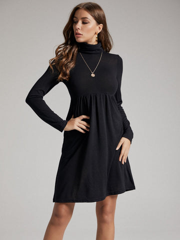 SBetro Solid Funnel Neck A-line Dress