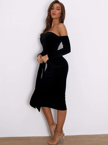 Joyfunear Off Shoulder Twist Draped Velvet Bodycon Dress