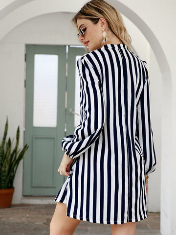 Notched Collar Vertical Stripe Shirt Dress