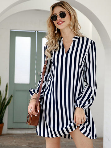 Notched Collar Vertical Stripe Shirt Dress