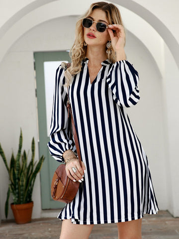 Notched Collar Vertical Stripe Shirt Dress