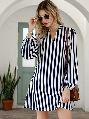 Notched Collar Vertical Stripe Shirt Dress