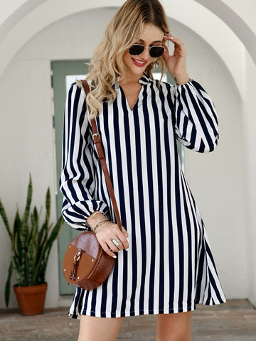 Notched Collar Vertical Stripe Shirt Dress