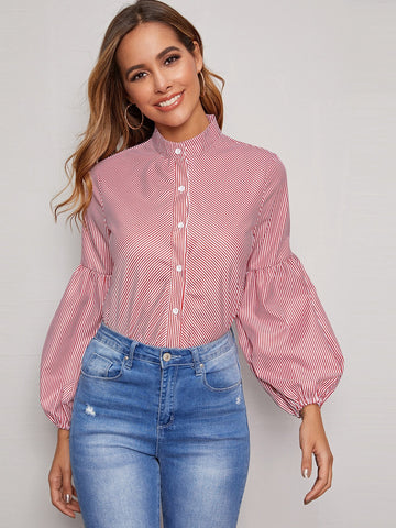 Striped Puff Sleeve Button Front Blouse