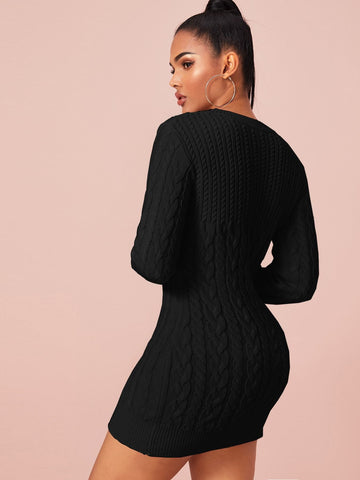 Solid Cable Knit Bodycon Jumper Dress Without Belt