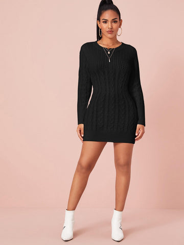 Solid Cable Knit Bodycon Jumper Dress Without Belt