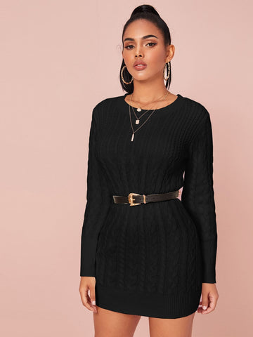 Solid Cable Knit Bodycon Jumper Dress Without Belt