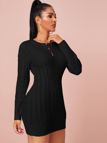 Solid Cable Knit Bodycon Jumper Dress Without Belt