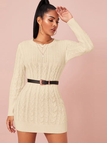 Solid Cable Knit Bodycon Jumper Dress Without Belt